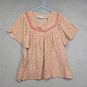 Studio B by Bobeau Top‎ Womens L Cream Floral Embroidered Boho Cottagecore Rusty